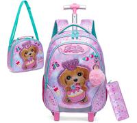 HTgroce Cartable a Roulette Sirene, 3PCS Set Sac a Roulette Fille, Sac a Roulette Fille Primaire Scolaire Cartable Roulette Fille CE2