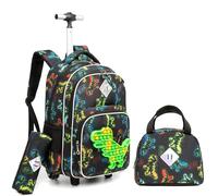 HTgroce Panier à roulettes dinosaures 3 en 1 - Sac à dos garçon, bagages de voyage, sac à lunch et étui à crayons