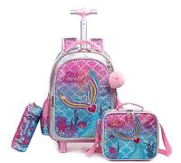 HTgroce Sac à Dos à roulettes 3 en 1 - Sac à Dos à roulettes - Sac à Crayons - Sac à déjeuner léger - pour Fille - Ensemble de Sacs d'école à roulettes, Sirènes Roses, Sac à Dos