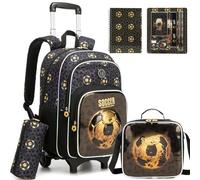 HTgroce Sac à Dos à Roulettes Garçon Football - Set 5 Pièces Cartable Scolaire Primaire (CP CE1 CE2) - Trolley Détachable 2-en-1 Ergonomique - avec Carnet & Fournitures