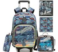 HTgroce Sac à Dos à Roulettes Garçon Voiture - Set 5 Pièces Cartable Scolaire Primaire (CP CE1 CE2) - Trolley Détachable 2-en-1 avec Carnet & Fournitures Scolaires