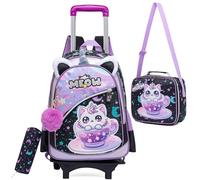 HTgroce Sac a Dos Roulette Fille Cartable a Roulette Fille Sac à Lunch et étui à Crayons Inclus, Parfaits pour Les Enfants Qui Vont à l'école et Qui Voyagent