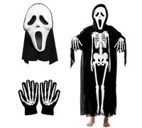 HTGWCG Halloween Skeleton Costume, Kids Skeleton Costume with Fake Mask Skull Gloves, Includes H-alloween S-keleton Onesie, for Halloween, Carnival and Parties (white)