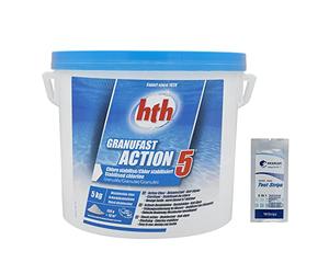 HTH GRANUFAST Action 5 Granulés - 5kg | Chlore Choc Stabilisé Multiaction - Désinfection Choc Multifonction - Dissolution Rapide + 10 Tests HPS OFFERTS 6 en 1