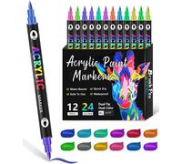 Hthed-Feutre Acrylique À Double Pointe,12 Pièces 24 Couleurs,Marqueur Acrylique Multi-Usages Imperméable Pour Diverses Surfaces,Pour Pierres,Bois,Pierre,Toile,Céramique,Surfaces En Verre,Bricolage