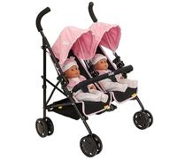 HTI Joie Aire Poussette double | Poussette double pour enfants en noir et rose | Poussette parapluie pliable | Jouet de jeu de rôle Poupées Buggy Poussette | À partir de 3 ans