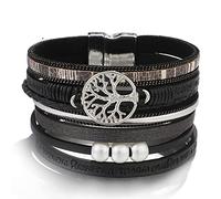 HTMRZ 1 Pc Arbre de Vie Perle Bracelets en Cuir Femmes Bohème Multicouche Large Wrap Bracelet Femme Bijoux-Noir