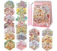 HTTDSLF 20 Sujets Autocollants de Scène, 3D Stickers Scene Miniature, Autocollants 3D House Sticker Cozy Stickers Book pour Soulager le Stress et Passer le Temps, avec 2 Pincette, Cadeau Parfait