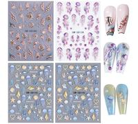 HTTDSLF 4Pcs Feuilles Sticker Nail Art 5D Relief Coquillages Et Étoiles Marines Autocollants Deco Ongle Nail Art Design Manucure, Mix Couleur Auto-adhésif Sticker Marin Autocollant Ongles Accessoires