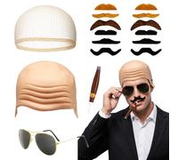 HTTDSLF Bonnet Chauve en Latex pour Maquillage, Perruque Chauve, Perruque Chauve Lunettes Moustache Casquette Chauve pour Adultes Maquillage Halloween Déguisements (Cigare)