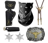 HTTDSLF Cowboy Costume Accessoires Set, Deguisement Cowboy Cosplay Costume Set - Bandana|Etui |Ceinture|Badge de Shérif|Cravate Collier|Boucle de Ceinture, pour Soirée à Thème Hippie Carnaval Cosplay