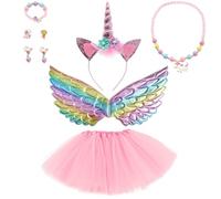 HTTDSLF Deguisement Licorne Fille Princess Enfant, Lot de 9 Accessoires de Costume de Licorne, Jupe Tutu Ailes Collier Bracelet Bagues Boucles d'Oreilles pour Carnaval Fête Anniversaire Cadeaux, Rose