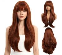 HTTDSLF Perruque Brun Rougeâtre pour Femmes de 26 Pouces Avec Frange, Longue Verticale Naturelle, Mode Glamour, Perruque Synthétique Résistante à la Chaleur, pour Cosplay Fête Tenue Quotidienne