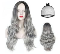 HTTDSLF Perruque d'Halloween pour Femme, Perruques Ombre Grey pour Femmes Longue Bou avec Frange Perruque Ondulée, Perruques Grise Ombrée, pour Halloweens Carnaval Cosplay Party