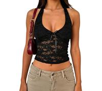 HTTDSLF Top Con Cuello Halter Para Mujer Sexy Sin Mangas Escote en V Profundo Tops de Encaje Y2K Top Corto Con Cuello Halter, Camiseta de Verano de Espalda Descubierta Y2K Mujer Para Fiestas en Club