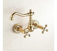 HTTGDGDH Robinets De Cuisine pour Évier, Doubles Poignées Croisées, Robinet Mitigeur Mural en Laiton Doré Chaud-Froid pour Salle De Bain, Lavabo, Cuisine, Évier, Pivotant