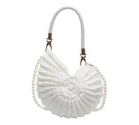 HTU Handwoven Shoulder Bag with Pearl Strap Beach Evening Bag for Women (White)