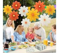 HTWCOME Lot de 9 éventails en papier - Fleurs oranges blanches et jaunes à suspendre, fête, mariage, anniversaire, décoration printanière (9 éventails en papier, 9)