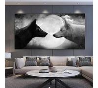 HTWLMM Affiches d'art Mural Noir Loup Blanc Loup Lune Impression sur Toile Tableau Peintures Decoration Chambre Salon Décor À La Maison sans Cadre (50X100CM)