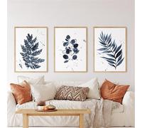 HTWLMM Encre de Feuille Bleu Aquarelle Tableaux Affiche sans Cadre Toile Peintures Murale Art Salon Chambre Décor À La Maison (3X40X50CM,sans Cadre)