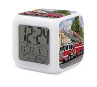 HUA5D Reveil Enfant Numérique,Thème Camion De Pompier Veilleuse À 7 Couleurs Changeantes Wake Up Light,Réveil De Chevet Garçon Fille,avec Date Calendrier Température,A2