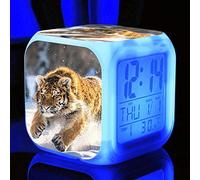 HUA5D Reveil Enfant Veilleuse De Voyage Réveil Numérique Tigre Animal Lampe De Chevet Fille & Garcon Décoration De Chambre Wake Up Light Digital Alarm 7 Couleurs Changeantes Horloge Cadeau(A28)