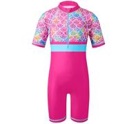 HUAANIUE Filles Maillot de Bain 1 Pièce 2-12 Ans, Anti-UV UPF 50+ Manches Courtes, Fermeture Éclair Frontale, Imprimés Colorés, Idéal pour Plage et Piscine (S475-Écailles Fuchsia, 6-8 Ans)
