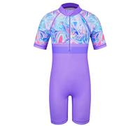 HUAANIUE Filles Maillot de Bain 1 Pièce 2-12 Ans, Anti-UV UPF 50+ Manches Courtes, Fermeture Éclair Frontale, Imprimés Colorés, Idéal pour Plage et Piscine (S475-Agate Violette, 8-10 Ans)