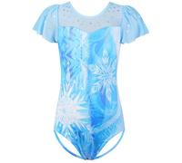 HUAANIUE Justaucorps Fille 3-14 Ans, Manches Courtes à Volants, Motifs Artistiques, Léger et Extensible, Idéal pour Gymnastique, Danse et Ballet (B396-Flocon de Neige Bleu, 5-6 Ans)