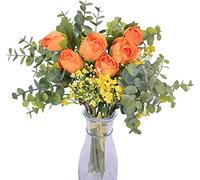 huaao 2pcs Bouquet de Fleurs Artificielles Rose Faux Gypsophile Branche de Feuilles D’Eucalyptus Feuillage Plantes Artificielle Deco Tiges pour Fête Mariage Décoration de la Maison, Orange
