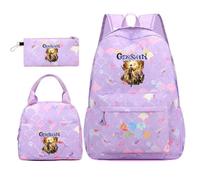Huacaiyu Genshin Impact Cartable École Filles Classes de 3 pièces Set, Grand Imperméable Bretelle Compartiment Laptop Daypack Multi-Poches Robuste pour École, Furina Paimon pour Cosplay Sacs à Dos