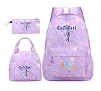 Huacaiyu Genshin Impact Cartable École Filles Classes de 3 pièces Set, Grand Imperméable Bretelle Compartiment Laptop Daypack Multi-Poches Robuste pour École, Furina Paimon pour Cosplay Sacs à Dos