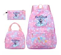 Huacaiyu Genshin Impact Cartable École Filles Classes de 3 pièces Set, Grand Imperméable Bretelle Compartiment Laptop Daypack Multi-Poches Robuste pour École, Furina Paimon pour Cosplay Sacs à Dos