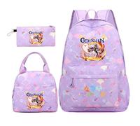 Huacaiyu Genshin Impact Cartable École Filles Classes de 3 pièces Set, Grand Imperméable Bretelle Compartiment Laptop Daypack Multi-Poches Robuste pour École, Furina Paimon pour Cosplay Sacs à Dos