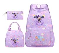 Huacaiyu Genshin Impact Cartable École Filles Classes de 3 pièces Set, Grand Imperméable Bretelle Compartiment Laptop Daypack Multi-Poches Robuste pour École, Furina Paimon pour Cosplay Sacs à Dos