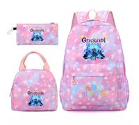 Huacaiyu Genshin Impact Cartable École Filles Classes de 3 pièces Set, Grand Imperméable Bretelle Compartiment Laptop Daypack Multi-Poches Robuste pour École, Furina Paimon pour Cosplay Sacs à Dos