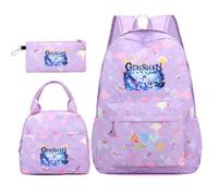 Huacaiyu Genshin Impact Cartable École Filles Classes de 3 pièces Set, Grand Imperméable Bretelle Compartiment Laptop Daypack Multi-Poches Robuste pour École, Furina Paimon pour Cosplay Sacs à Dos