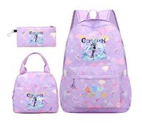 Huacaiyu Genshin Impact Cartable École Filles Classes de 3 pièces Set, Grand Imperméable Bretelle Compartiment Laptop Daypack Multi-Poches Robuste pour École, Furina Paimon pour Cosplay Sacs à Dos