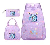 Huacaiyu Genshin Impact Cartable École Filles Classes de 3 pièces Set, Grand Imperméable Bretelle Compartiment Laptop Daypack Multi-Poches Robuste pour École, Furina Paimon pour Cosplay Sacs à Dos