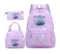 Huacaiyu Genshin Impact Cartable École Filles Classes de 3 pièces Set, Grand Imperméable Bretelle Compartiment Laptop Daypack Multi-Poches Robuste pour École, Furina Paimon pour Cosplay Sacs à Dos