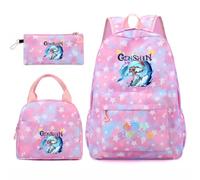 Huacaiyu Genshin Impact Cartable École Filles Classes de 3 pièces Set, Grand Imperméable Bretelle Compartiment Laptop Daypack Multi-Poches Robuste pour École, Furina Paimon pour Cosplay Sacs à Dos
