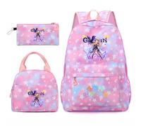 Huacaiyu Genshin Impact Cartable École Filles Classes de 3 pièces Set, Grand Imperméable Bretelle Compartiment Laptop Daypack Multi-Poches Robuste pour École, Furina Paimon pour Cosplay Sacs à Dos
