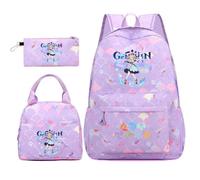 Huacaiyu Genshin Impact Cartable École Filles Classes de 3 pièces Set, Grand Imperméable Bretelle Compartiment Laptop Daypack Multi-Poches Robuste pour École, Furina Paimon pour Cosplay Sacs à Dos