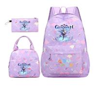 Huacaiyu Genshin Impact Cartable École Filles Classes de 3 pièces Set, Grand Imperméable Bretelle Compartiment Laptop Daypack Multi-Poches Robuste pour École, Furina Paimon pour Cosplay Sacs à Dos