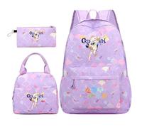 Huacaiyu Genshin Impact Cartable École Filles Classes de 3 pièces Set, Grand Imperméable Bretelle Compartiment Laptop Daypack Multi-Poches Robuste pour École, Furina Paimon pour Cosplay Sacs à Dos