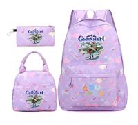 Huacaiyu Genshin Impact Cartable École Filles Classes de 3 pièces Set, Grand Imperméable Bretelle Compartiment Laptop Daypack Multi-Poches Robuste pour École, Furina Paimon pour Cosplay Sacs à Dos