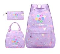 Huacaiyu Genshin Impact Cartable École Filles Classes de 3 pièces Set, Grand Imperméable Bretelle Compartiment Laptop Daypack Multi-Poches Robuste pour École, Furina Paimon pour Cosplay Sacs à Dos