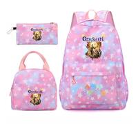 Huacaiyu Genshin Impact Cartable École Filles Classes de 3 pièces Set, Grand Imperméable Bretelle Compartiment Laptop Daypack Multi-Poches Robuste pour École, Furina Paimon pour Cosplay Sacs à Dos