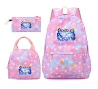 Huacaiyu Genshin Impact Cartable École Filles Classes de 3 pièces Set, Grand Imperméable Bretelle Compartiment Laptop Daypack Multi-Poches Robuste pour École, Furina Paimon pour Cosplay Sacs à Dos