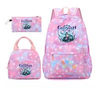 Huacaiyu Genshin Impact Cartable École Filles Classes de 3 pièces Set, Grand Imperméable Bretelle Compartiment Laptop Daypack Multi-Poches Robuste pour École, Furina Paimon pour Cosplay Sacs à Dos
